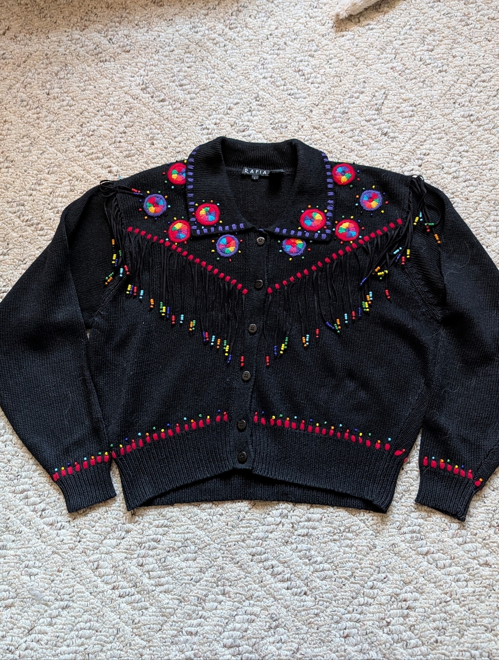 Rare Vintage 80s Cardigan Sweater Knit Hand Beaded Western Boho Rainbow Motifs